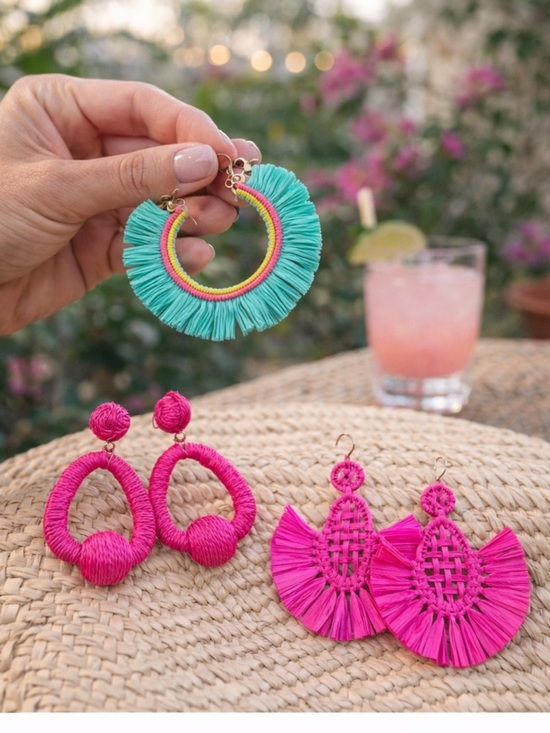 None Jewelry - Straw Husk Earrings 3 Pairs Pink Turquoise